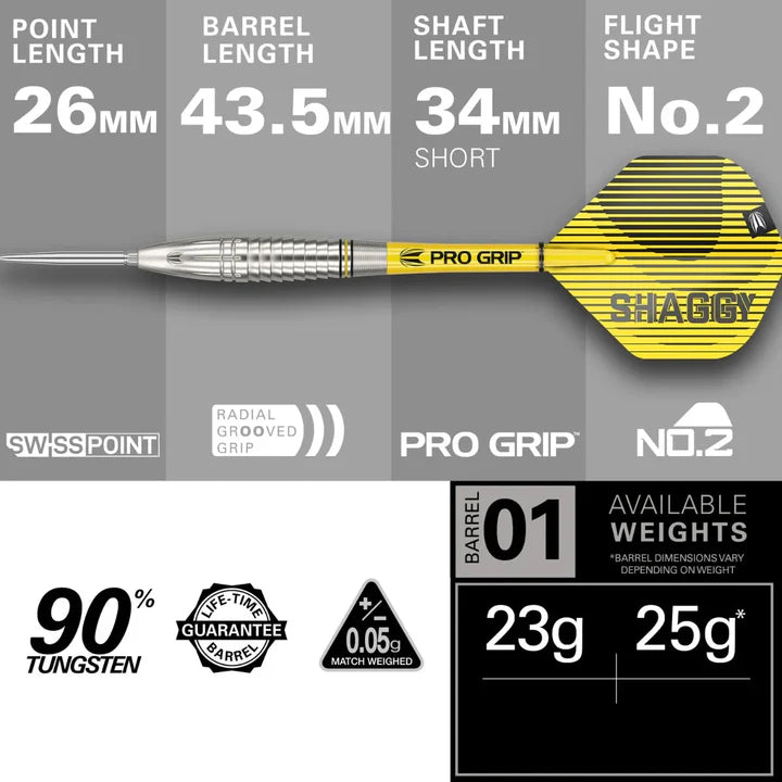 Side profile of Scott Williams G1 tungsten dart with dimensions, radial grooved grip, Pro Grip shaft, No.2 flight, and weight options.