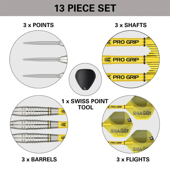 Top-down display of Scott Williams G1 dart kit showing 3 tungsten barrels, points, shafts, flights, and Swiss Point tool with labels