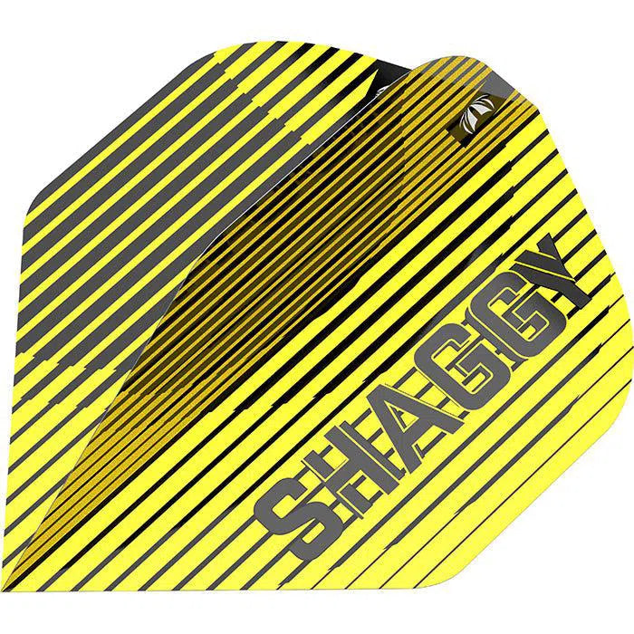 Macro view of Scott Williams G1 No.2 dart flight with yellow and black stripes and SHAGGY text, isolated for design detail