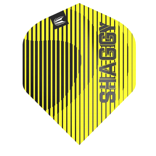 Single dart flight with bold yellow and black striped design, SHAGGY text, standard No.2 shape, isolated on white