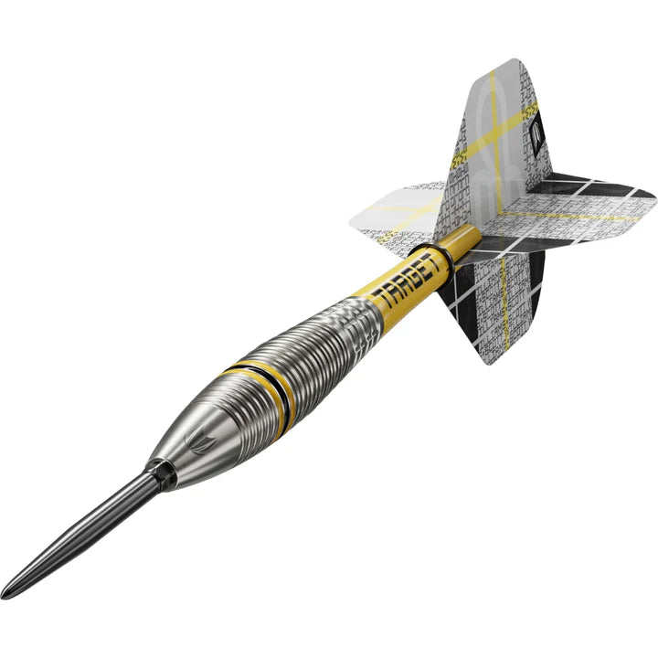 Angled view of 90% tungsten dart with precision ringed grip, silver and yellow barrel, and checked flights, isolated on white background