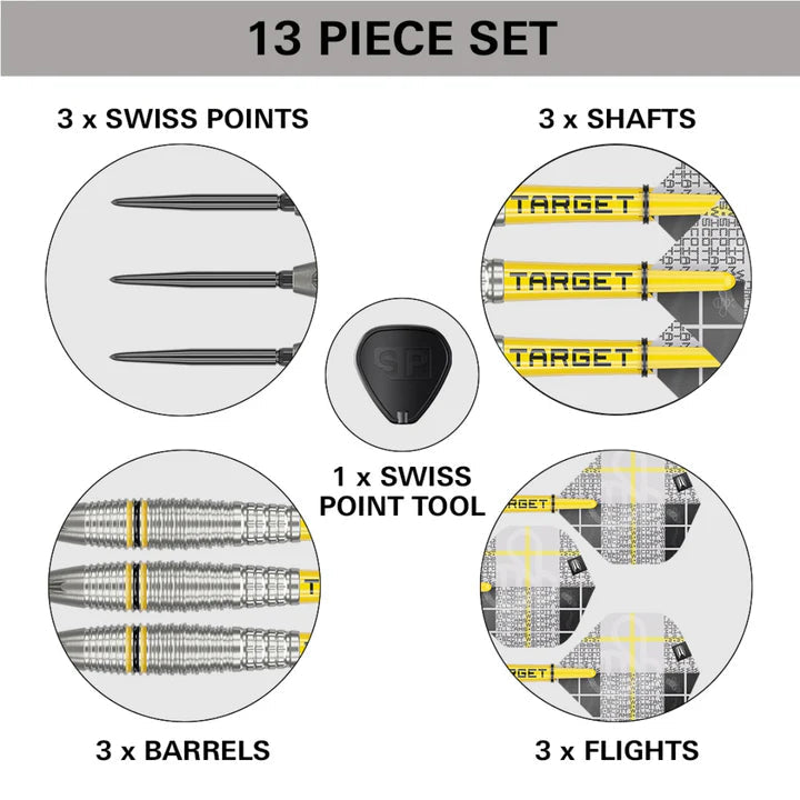 Top-down flat lay of 13 piece tungsten darts set with 3 Swiss points, 3 barrels, 3 yellow shafts, 3 flights, and Swiss point tool