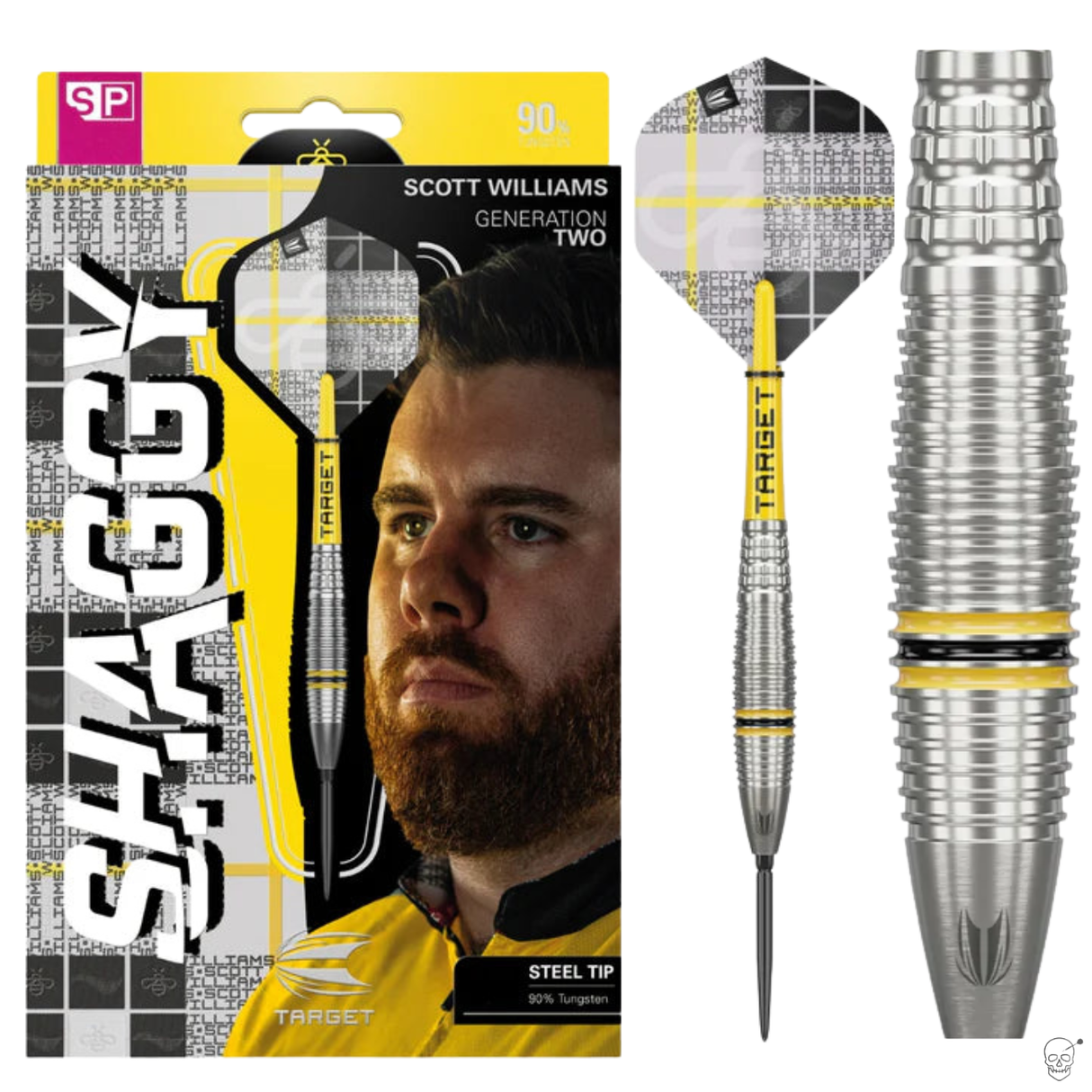 Steel tip tungsten dart in retail packaging shown with close-up on barrel grip rings and yellow flight, highlighting precision grip.