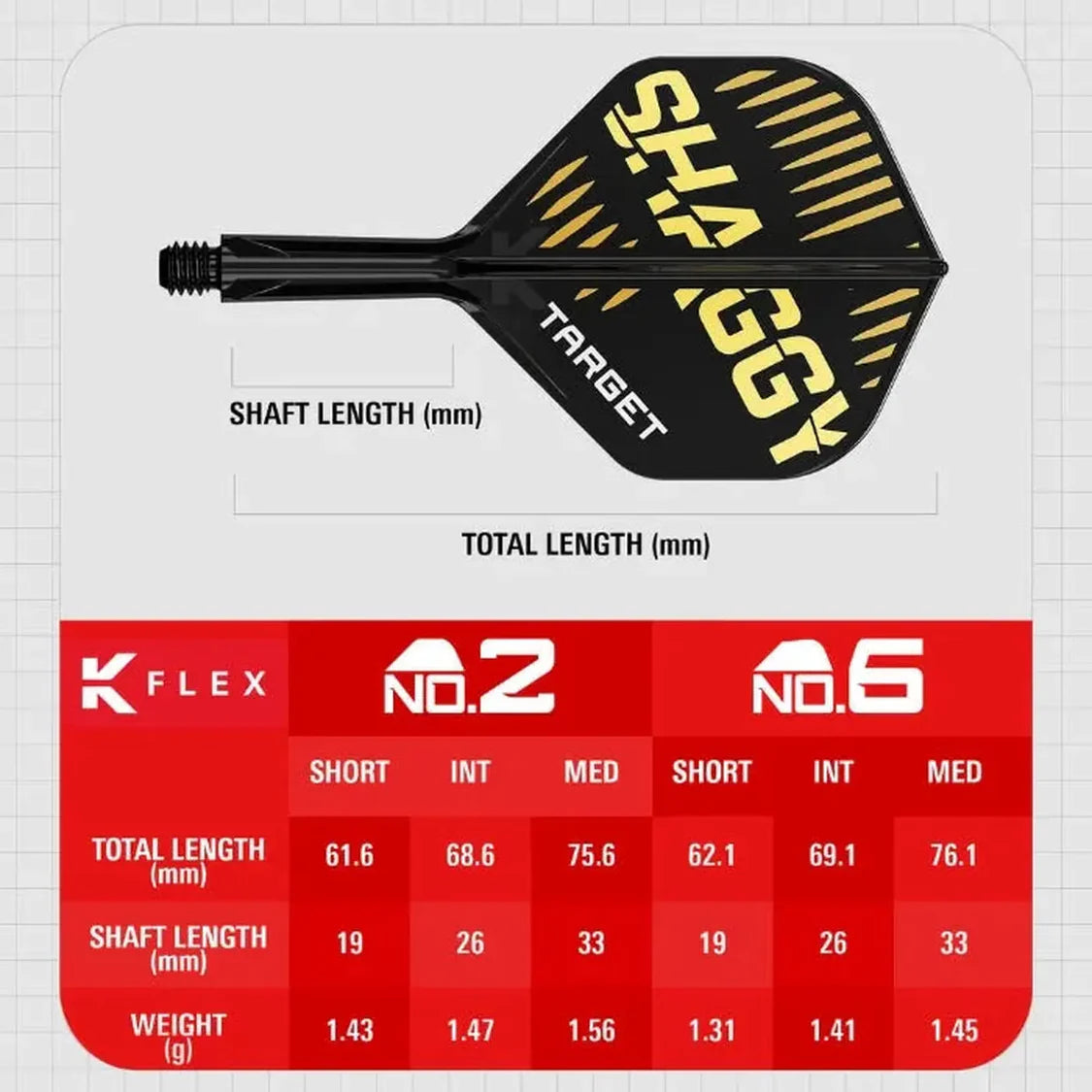 Close-up of Scott Williams K-Flex No.2 dart flight and shaft with size chart showing shaft length, total length, and weight in millimeters and grams