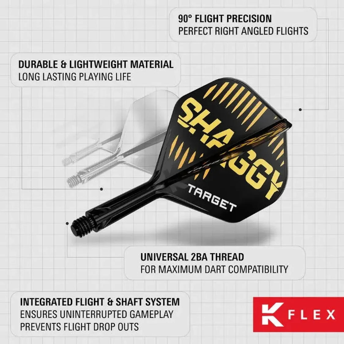 Angled close-up of Scott Williams K-Flex No.2 dart shaft and flight, black with SHAGGY design, 2BA thread, grid background for feature highlights