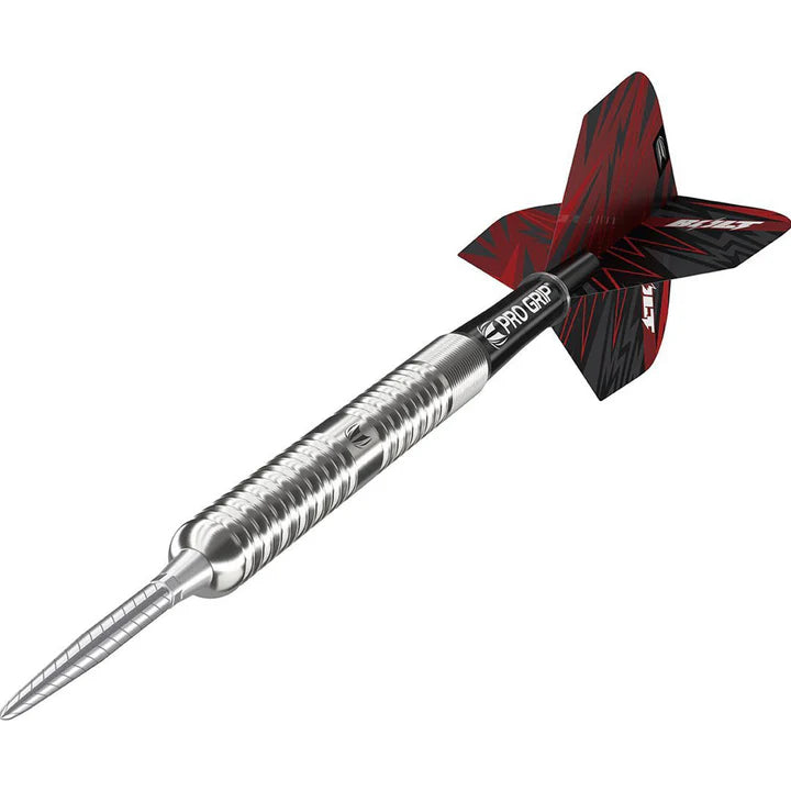 Angled view of 90% tungsten dart with precision ringed barrel grip, silver point, and black-red flights on white background