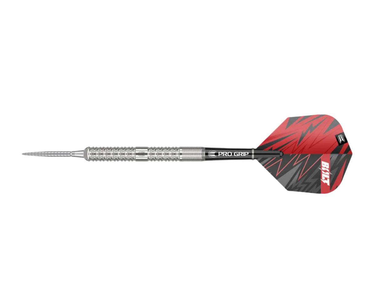 Steel tip dart full view on white background with detailed grip, Pro Grip shaft, and red-black lightning flights for precision play