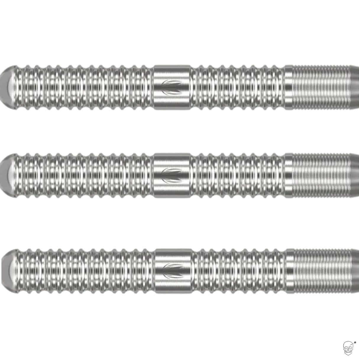 Three 90% tungsten dart barrels aligned side by side, showcasing precision grooves, ringed grip texture, and straight barrel design.