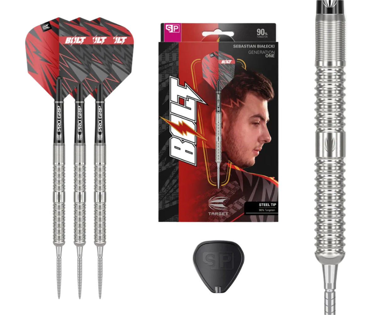 Steel tip tungsten darts set with red and black flights, packaging, grip detail close-up, and SP accessory on white background