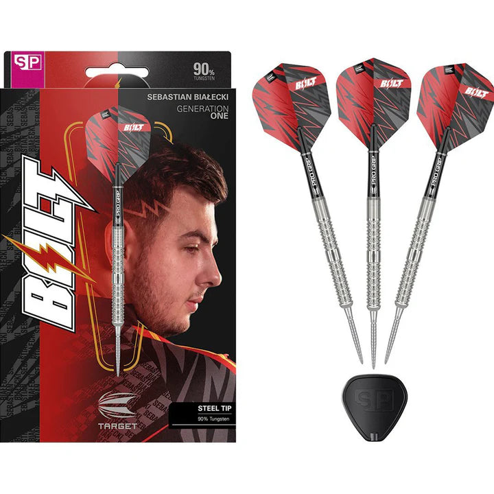 Steel tip 90% tungsten darts set with red flights, displayed in packaging and arranged outside with spare stem tool on white background
