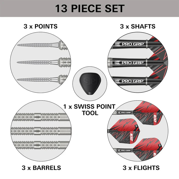 Top-down view of dart set with 3 barrels, 3 points, 3 shafts, 3 flights, 1 Swiss Point tool, components displayed separately