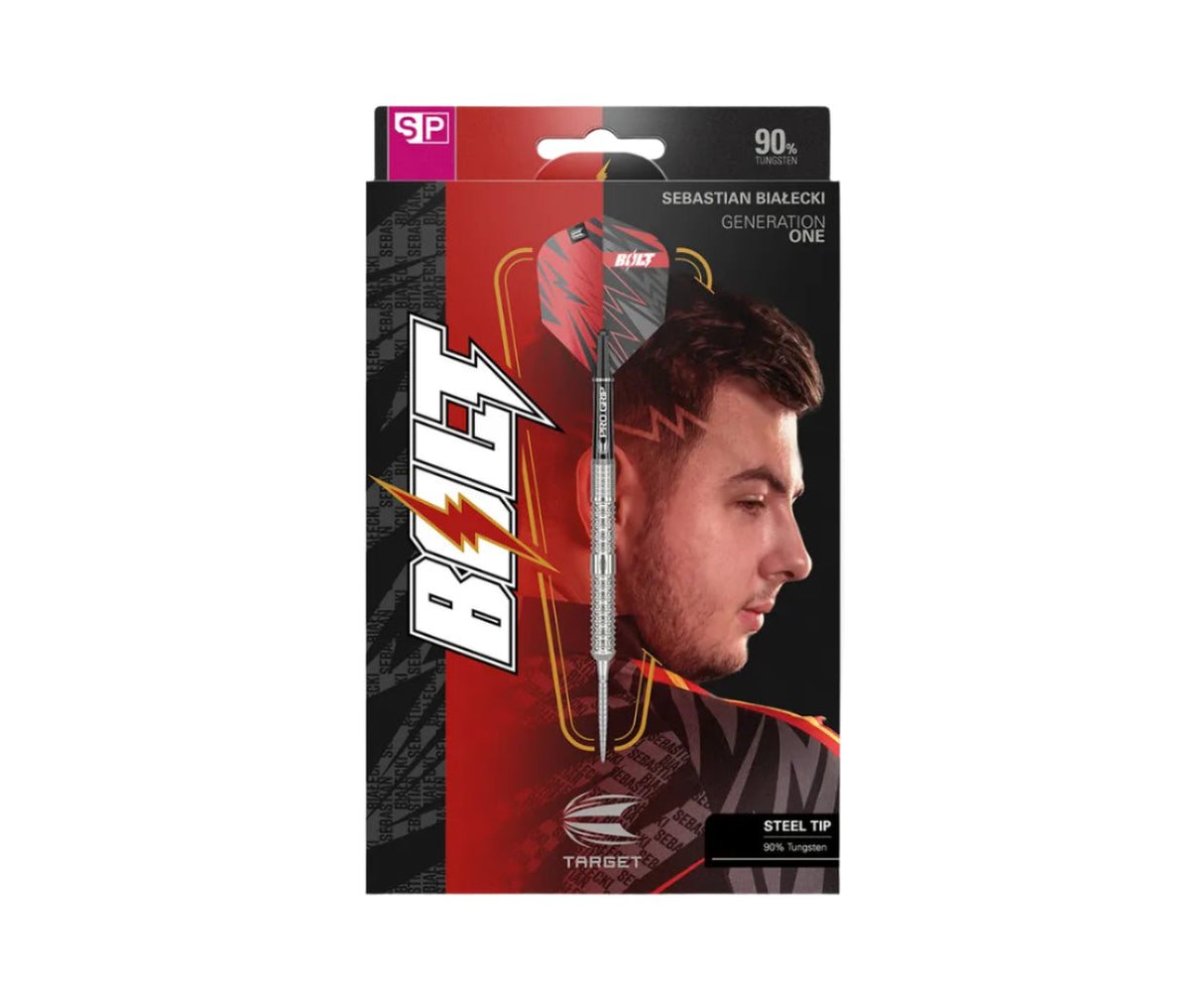 Steel tip tungsten dart in retail packaging with detailed barrel grip and bold lightning bolt flights, single front view