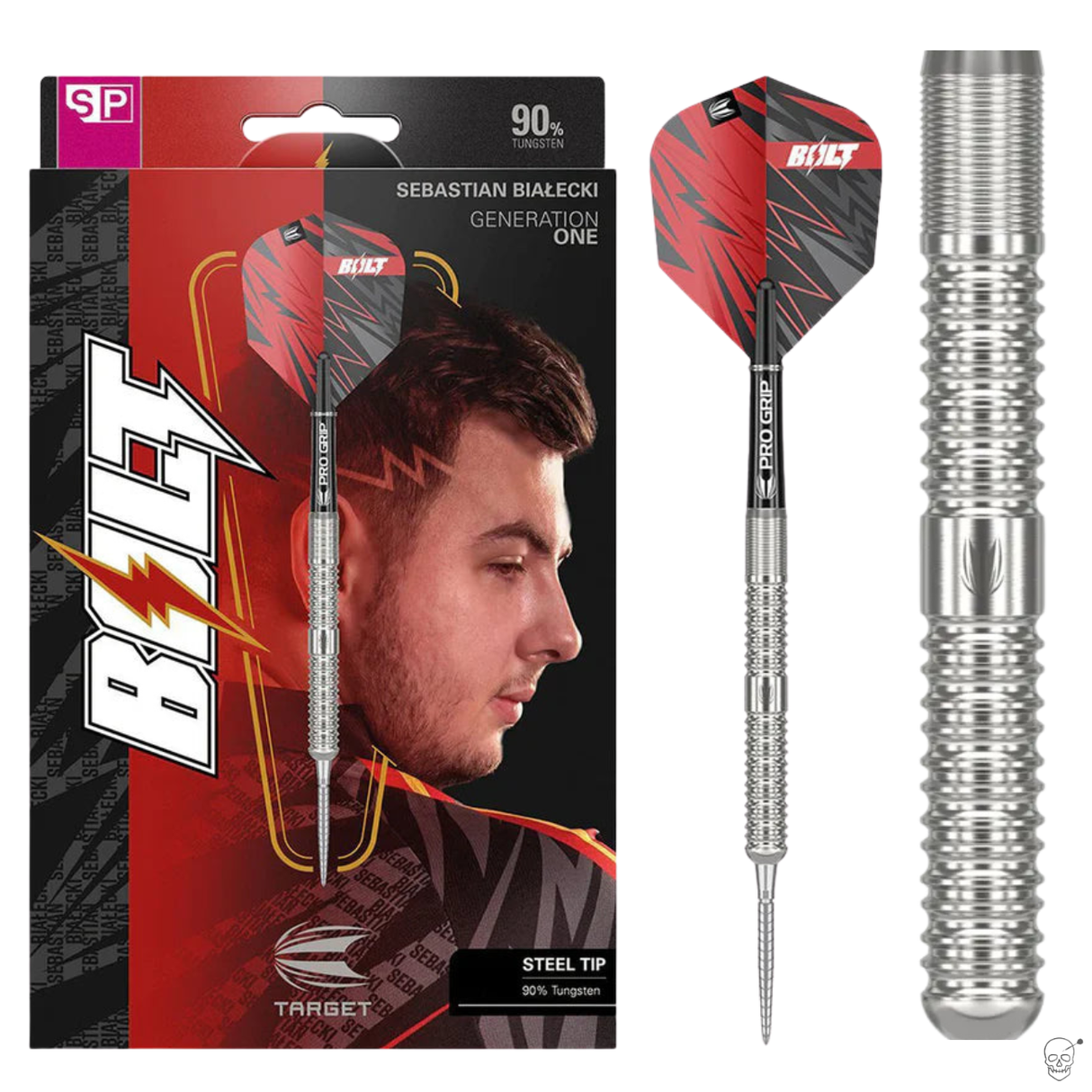 Steel tip dart set in retail packaging, one dart isolated on white, and close-up barrel grip texture for precision