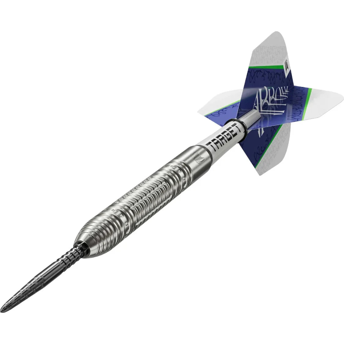 Angled view of 90% tungsten dart featuring precision ringed grip barrel and blue signature flights, isolated on white background