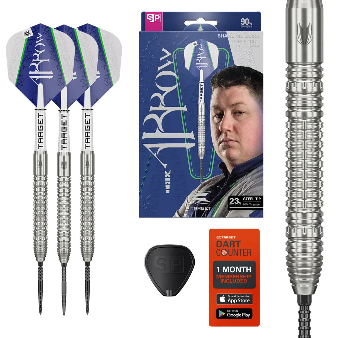 Steel tip darts set with close-up tungsten barrel grip, flights, packaging, flight protector, and dart counter card on white background