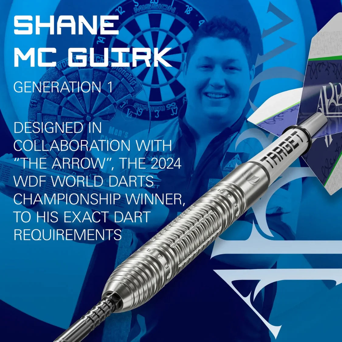 Angled close-up of 90% tungsten dart with detailed ringed barrel grip and custom flights, isolated on blue background for darts players