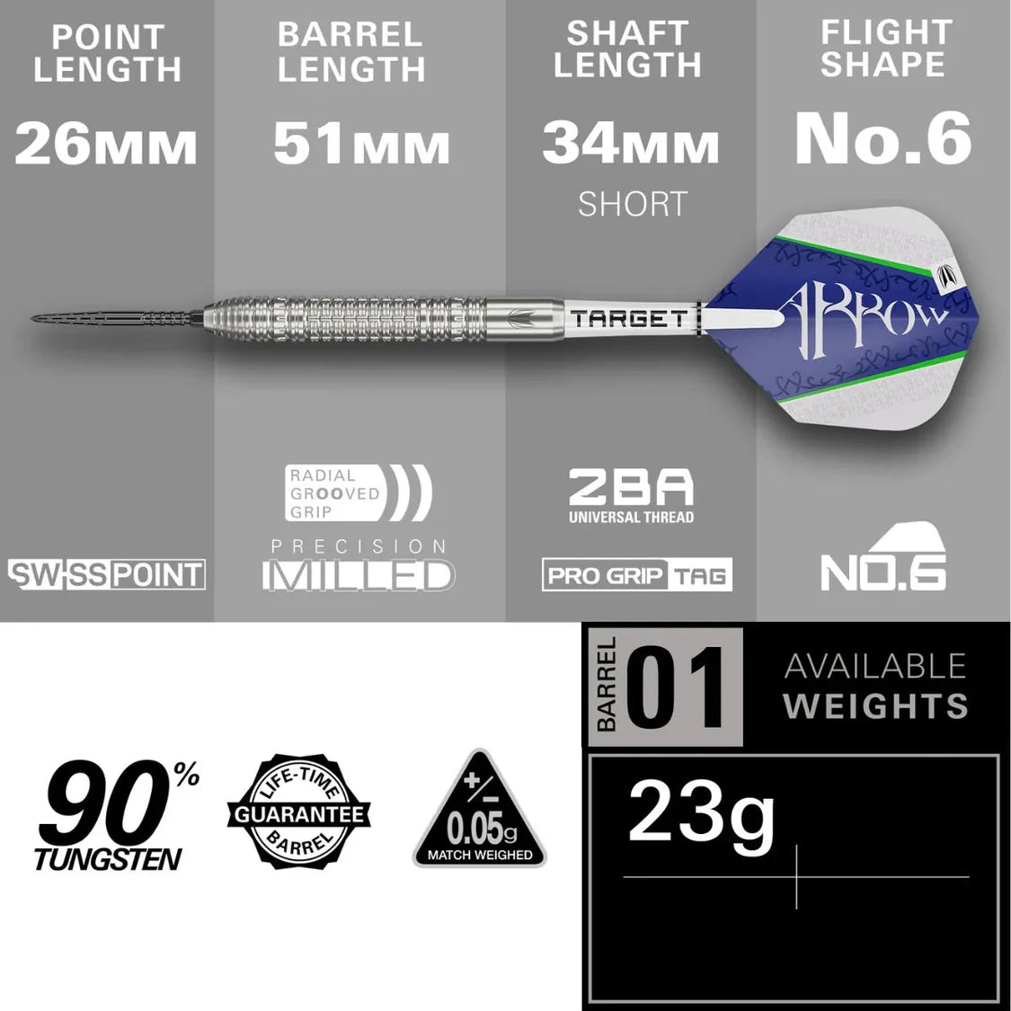 Horizontal full view of Shane McGuirk G1 90% tungsten dart with barrel, shaft, and flight dimensions, radial grooved grip, 23g weight, and No.6 flight shape