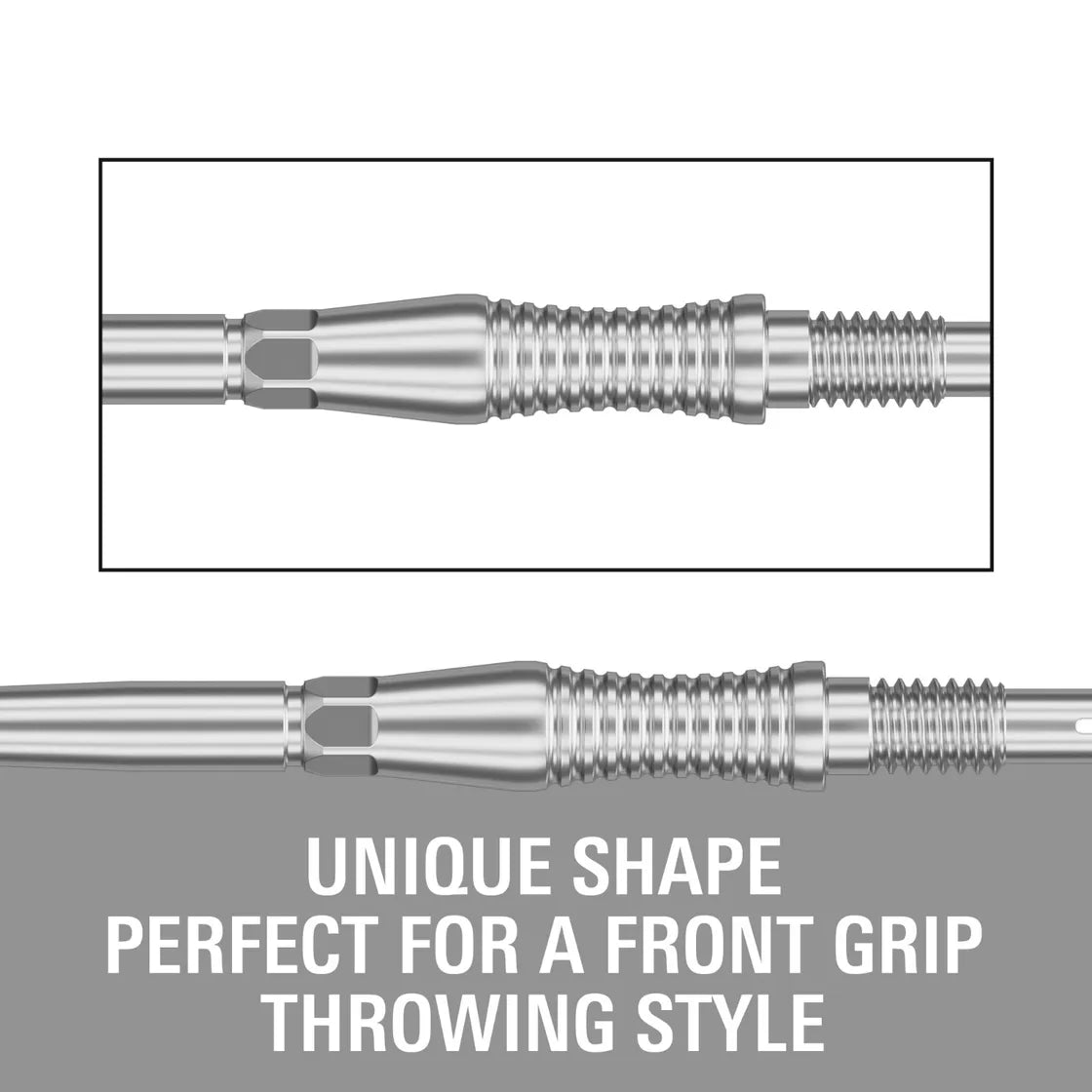 Close-up of RST Swiss dart point showing knurled grip detail and unique front-heavy barrel shape for precision front grip.