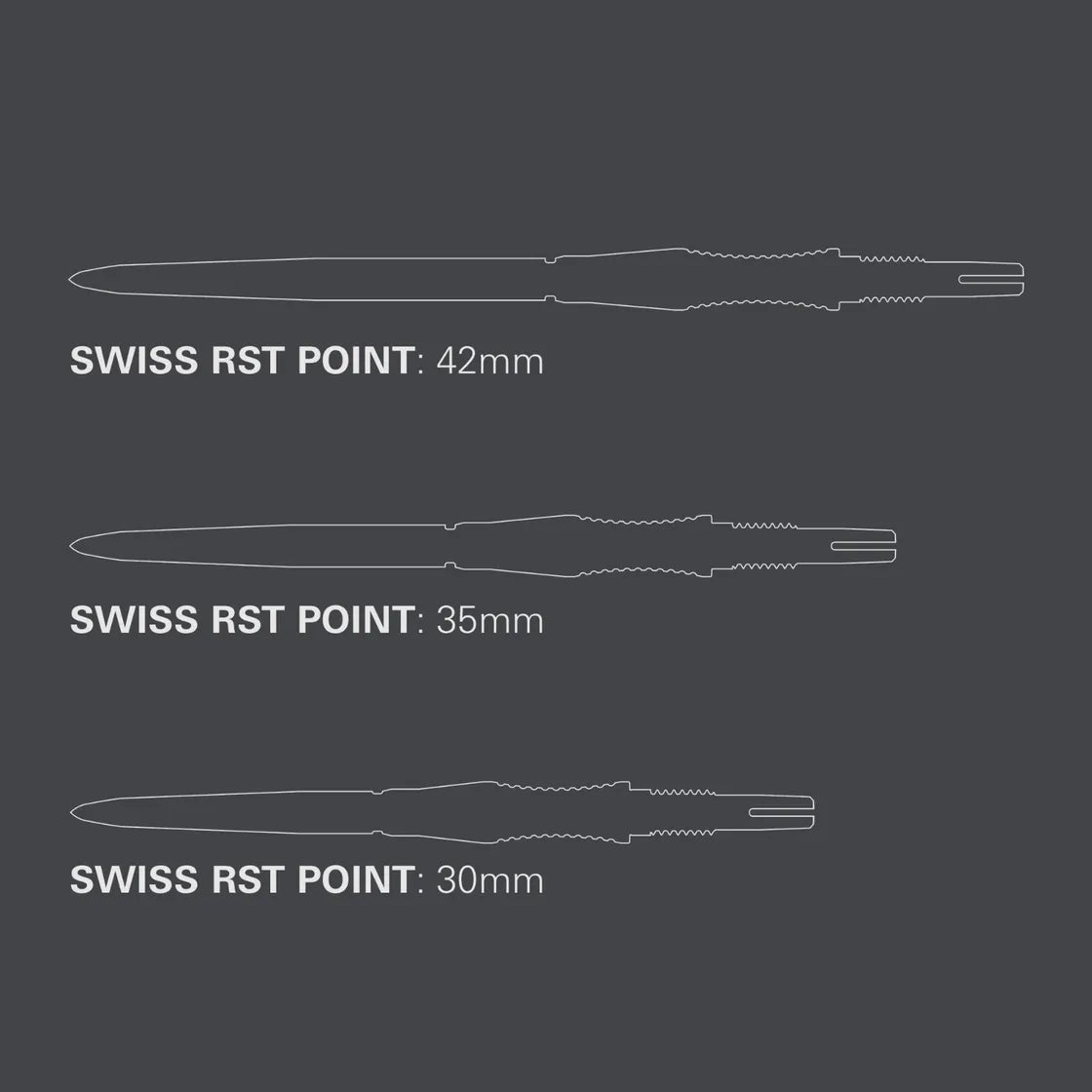 Diagram comparing Swiss RST dart points in 42mm, 35mm, and 30mm lengths with outline profiles on dark background
