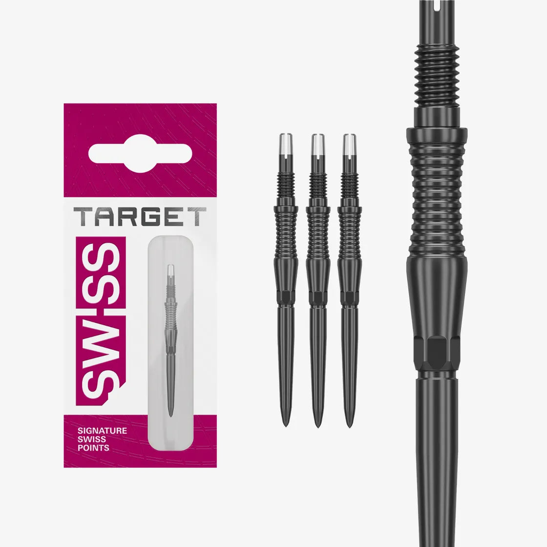 Swiss Point dart tips in retail packaging and three loose points, close-up highlighting RST grip and precision black steel finish