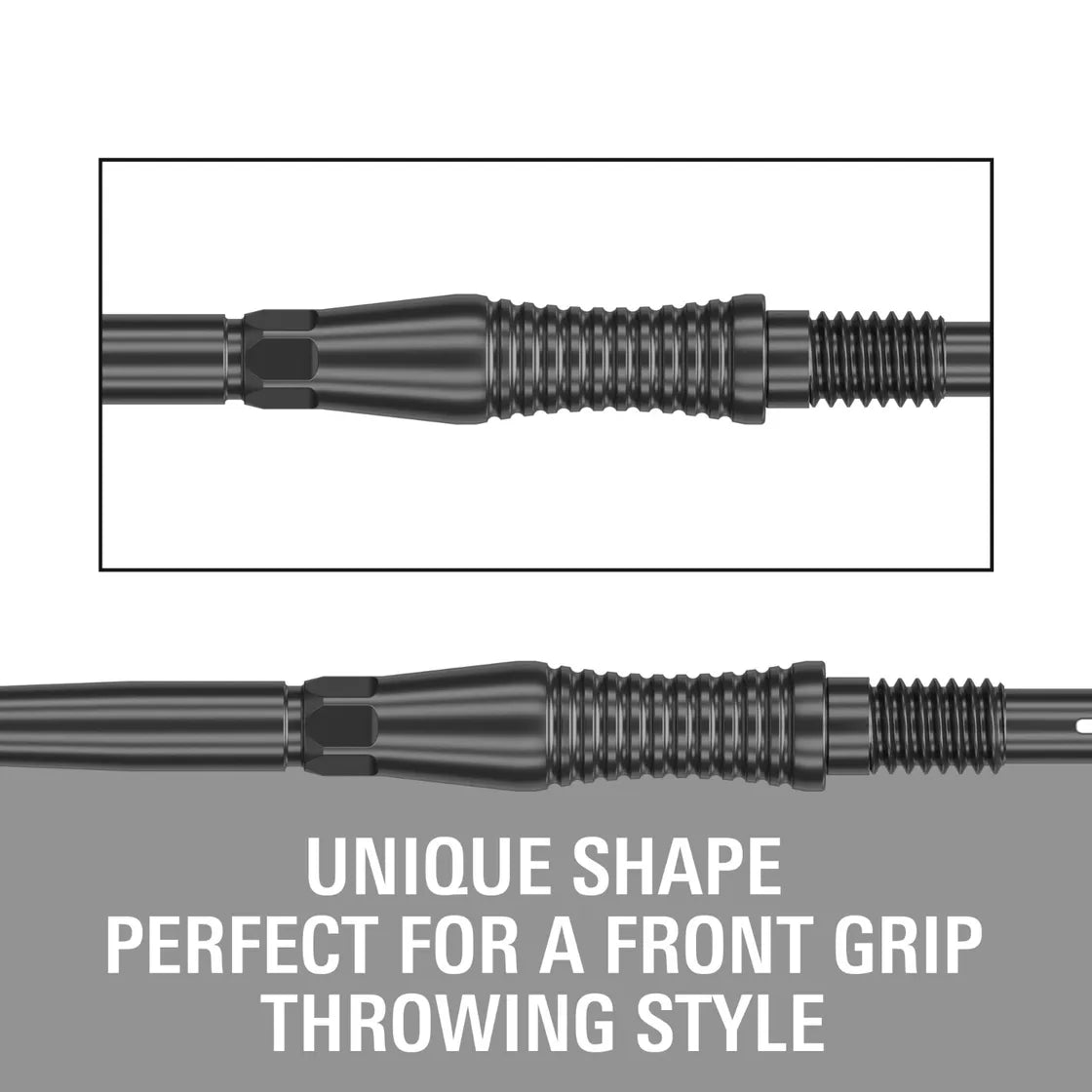 Close-up of Swiss Point RST dart point highlighting detailed grip texture and unique front grip shape for precision throwing