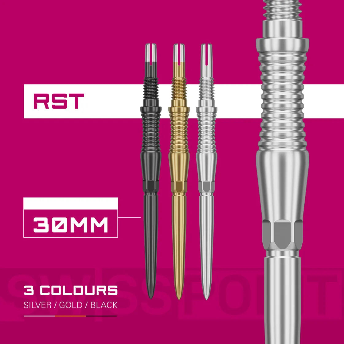Four 30mm Swiss dart points in silver, gold, and black, full view highlighting RST grooved grip design and color options