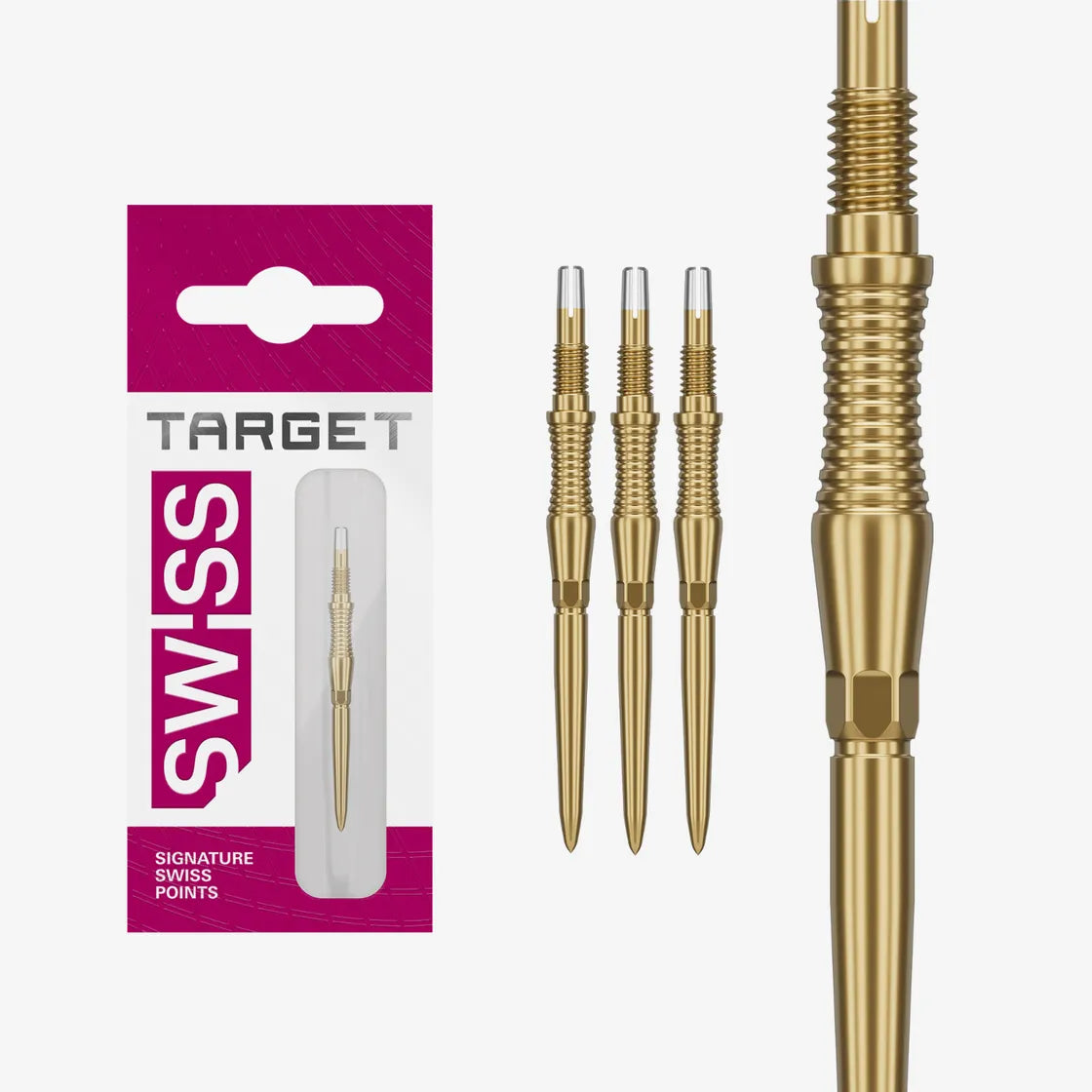 Gold Swiss dart points in retail packaging, set of three with close-up showing RST grip texture for precision