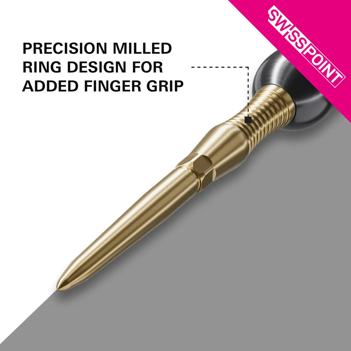 Angled close-up of Swiss Point dart tip showing precision milled ring grip texture for enhanced finger control