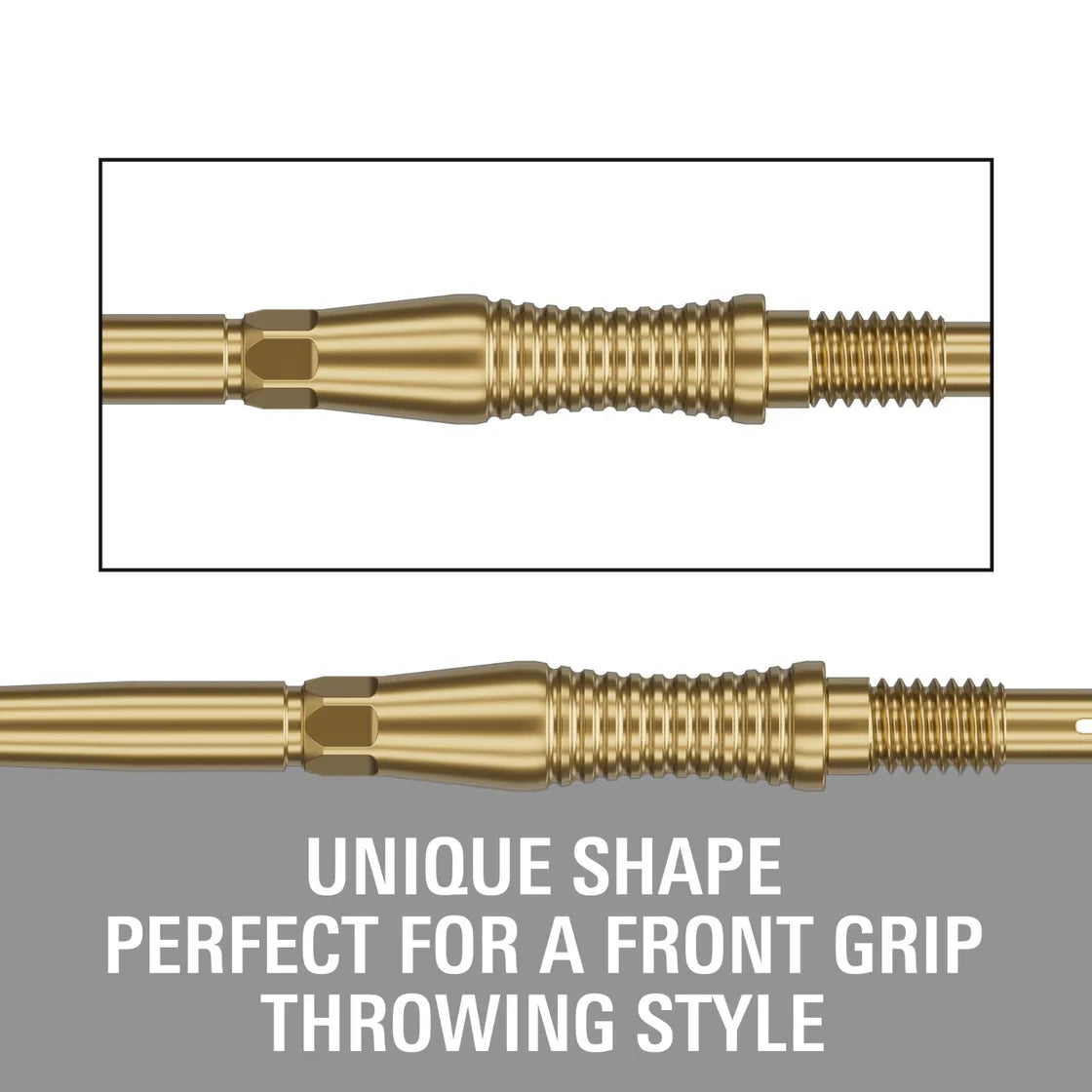 Close-up angled view of Swiss RST dart point showing gold precision grip texture and contoured barrel for front grip dart players