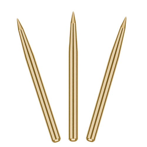 Three gold standard dart points displayed upright on white background showing sharp steel tips and smooth barrel finish