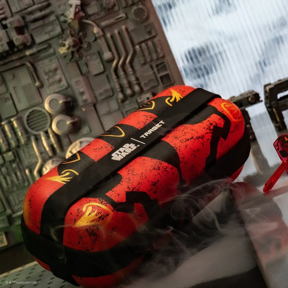Angled view of Darth Maul BOA darts case with vivid red and black design, on display in a Star Wars themed setup for dart accessories.