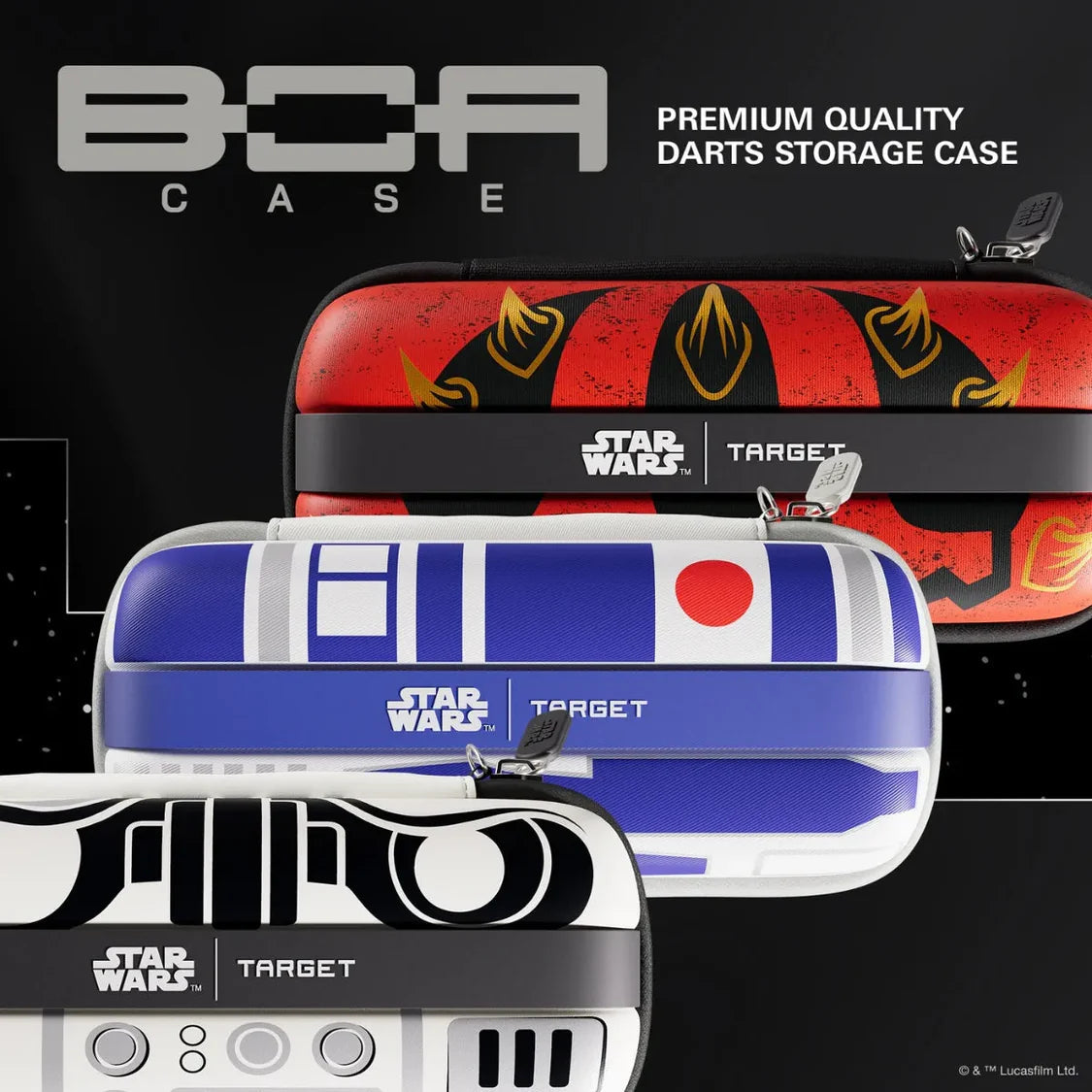Three Star Wars darts cases displayed stacked at an angle, showing premium zipper details and bold Darth Maul, R2-D2, Vader designs.
