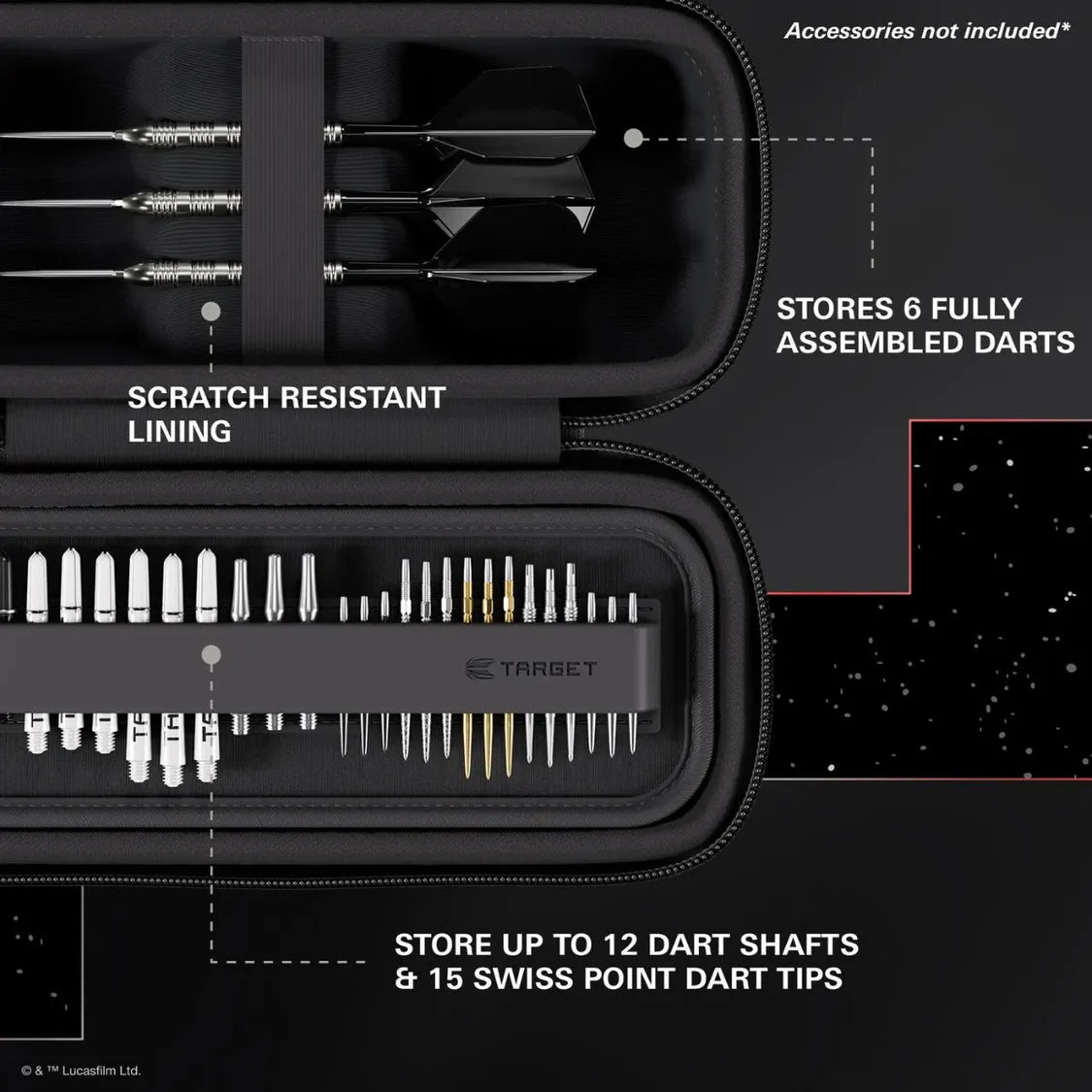 Top-down view of open darts case showing storage for six assembled darts, 12 shafts, 15 Swiss point tips, and scratch resistant lining