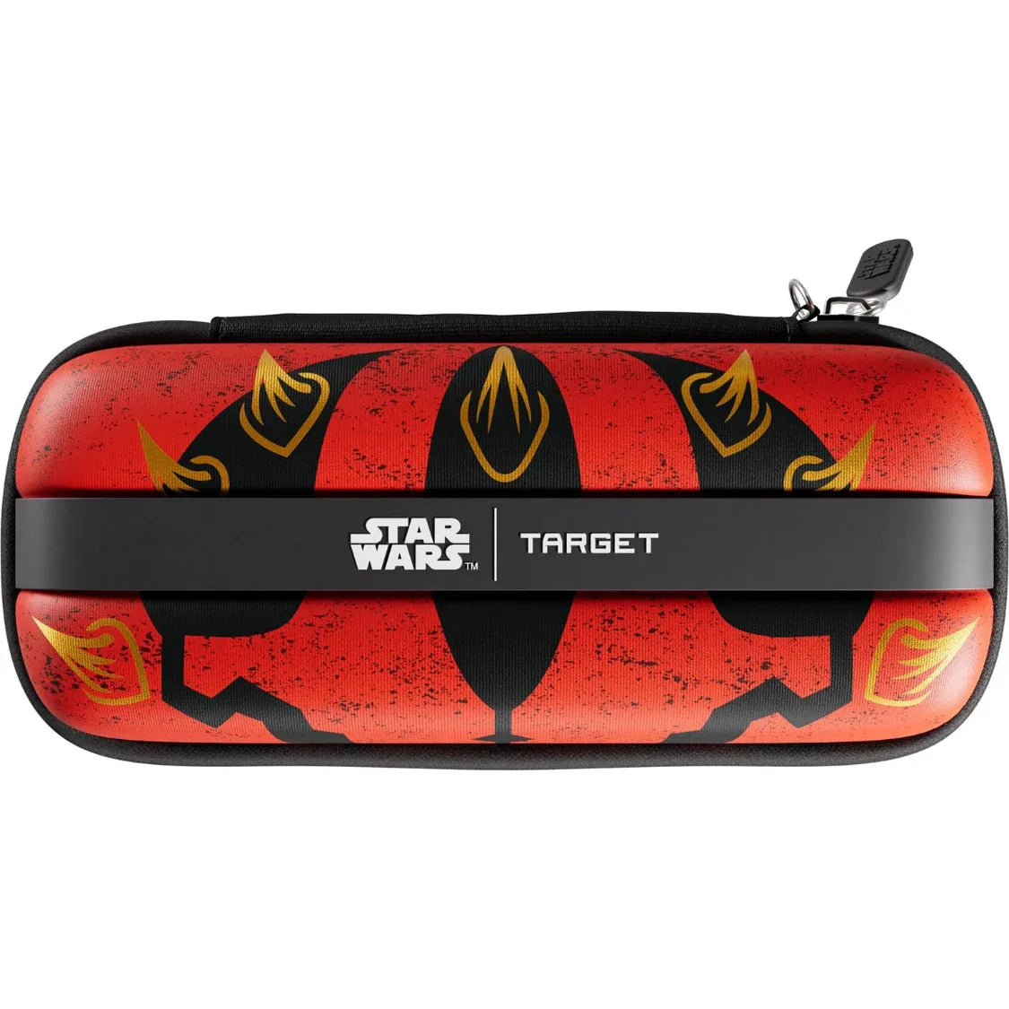 Top-down view of Darth Maul BOA darts case with Star Wars logo, red and black graphic, hard shell, isolated on white background