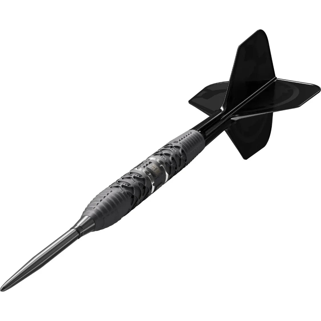 Angled view tungsten dart with detailed grip barrel and black flights, single dart isolated on white background for darts enthusiasts