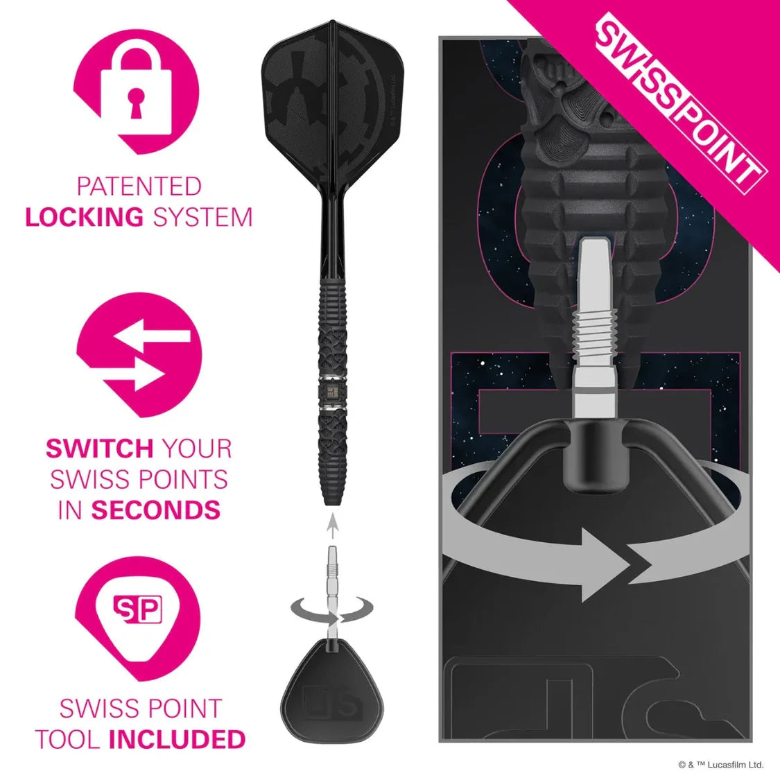 Single tungsten dart with Swiss Point tool, close-up on tip swapping system, textured grip, Darth Vader themed flight, feature diagram