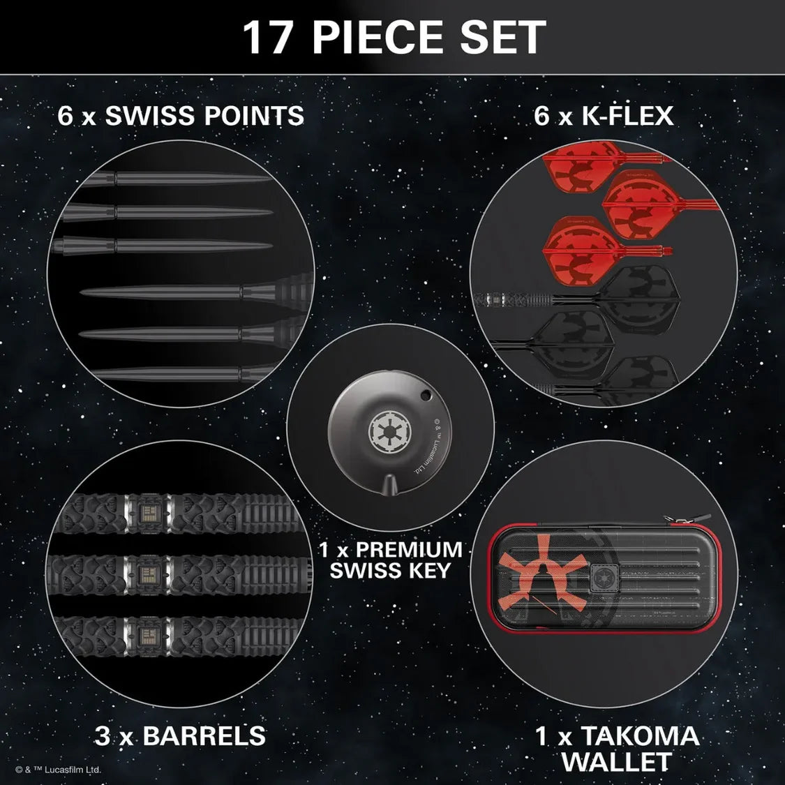 Top-down view of full 17-piece Star Wars Darth Vader tungsten darts set with barrels, Swiss points, red K-Flex flights, Swiss key, and Takoma wallet