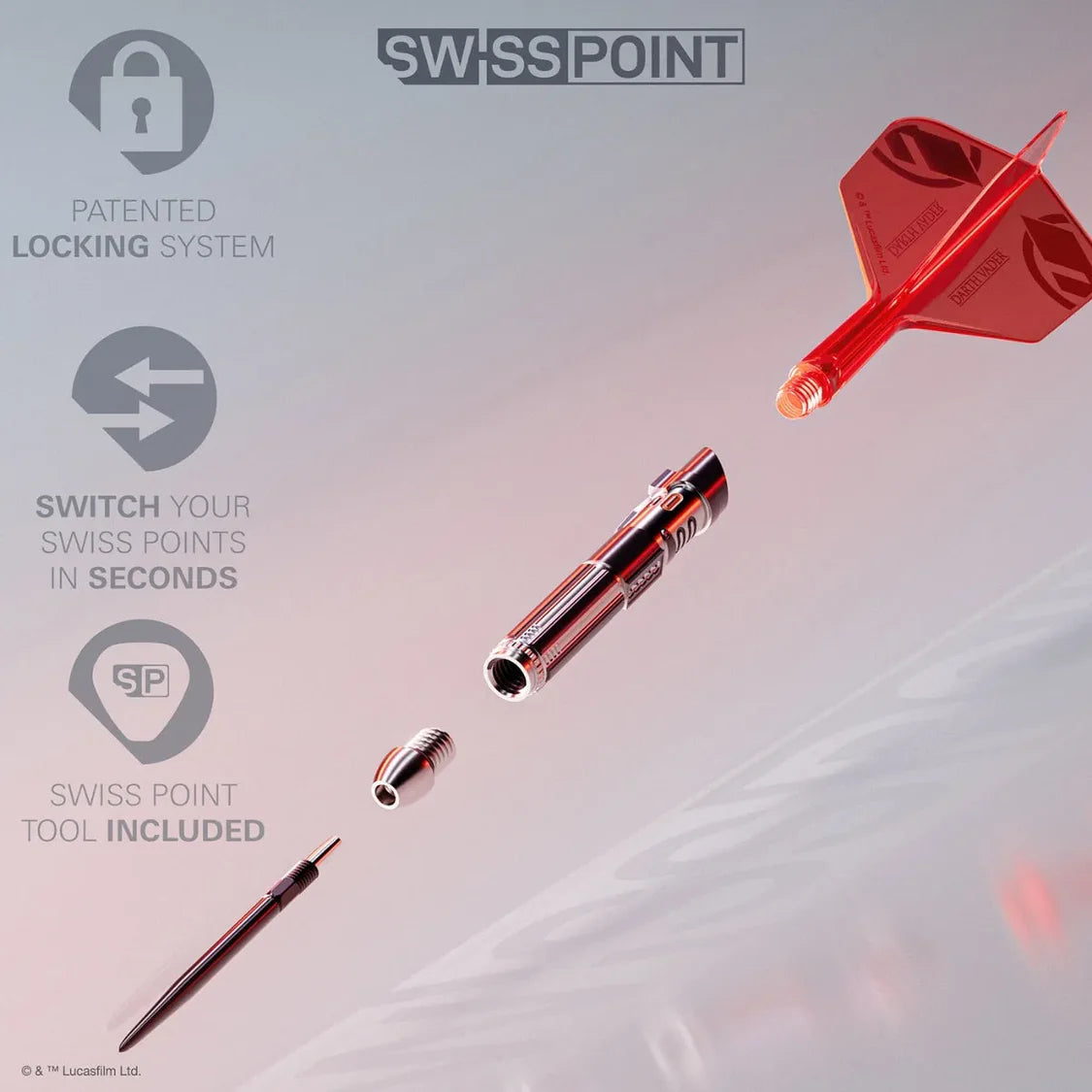 Exploded view of Darth Vader tungsten dart with barrel, Swiss Point tip, flight, and tool, showing interchangeable parts for dart setup.