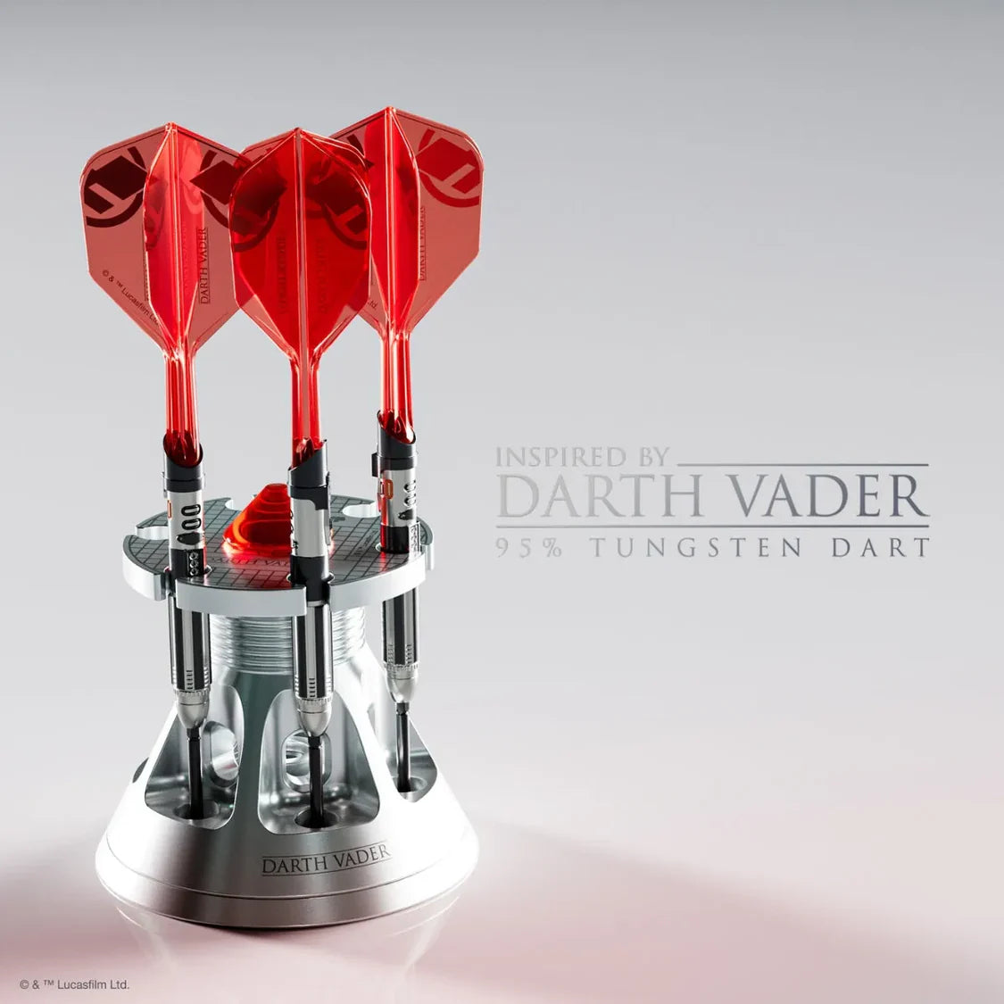 Three 95% tungsten Star Wars Darth Vader darts with red flights in a metallic display stand, full product view for collectors