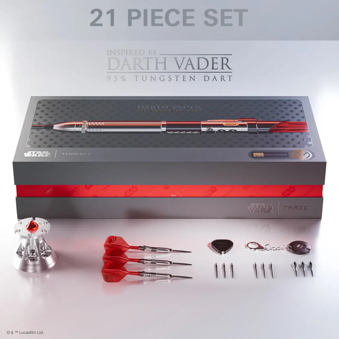 Top-down view of Darth Vader limited edition tungsten darts set with three assembled darts, display box, flights, tips, and accessories