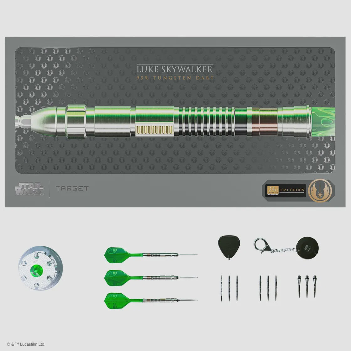 Top-down view of Luke Skywalker limited edition tungsten darts gift set with three green darts, spare tips, flights, accessories, and display packaging.
