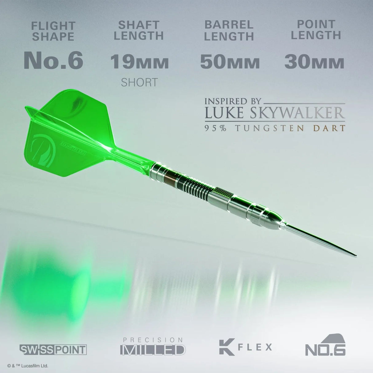 Angled full view of limited edition Luke Skywalker green flight dart with precision milled barrel, 95% tungsten, and product specifications on white