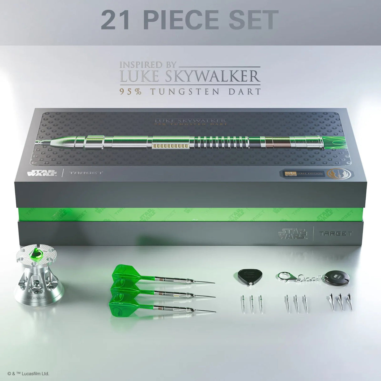 Limited edition Luke Skywalker tungsten darts set in box, with three steel tip darts, green flights, case, accessories and display stand