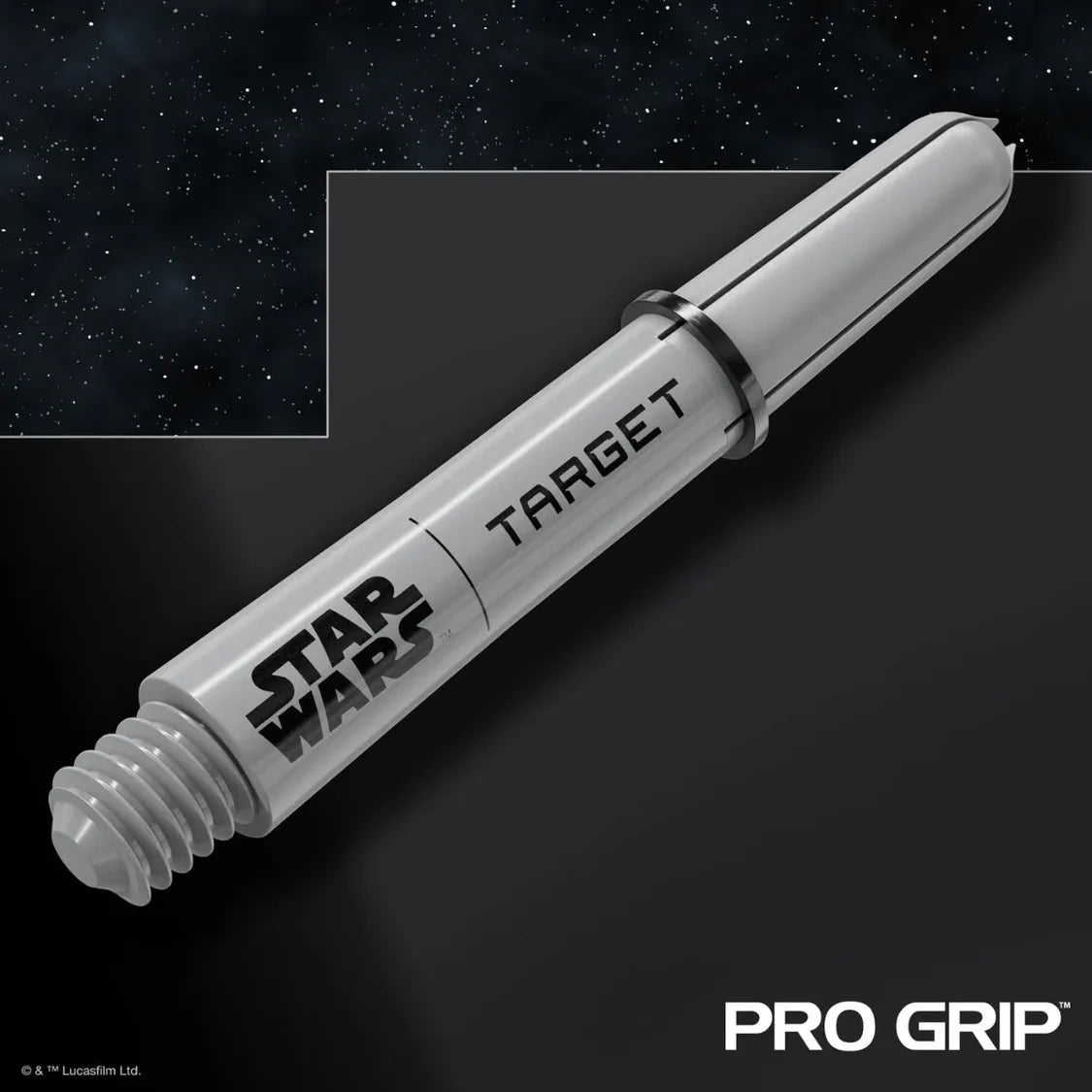 Angled close-up of Star Wars Pro Grip dart shaft with clear logo and grip threading isolated on dark background