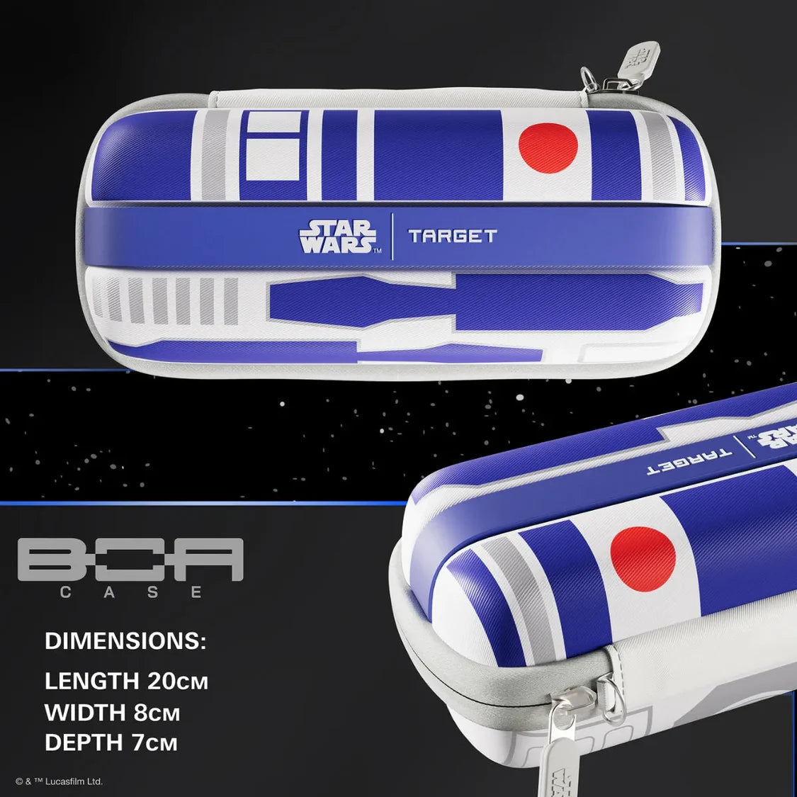 R2-D2 themed darts case full view with close-up angle, isolated on black, showing zipper, Star Wars detail, and case size dimensions