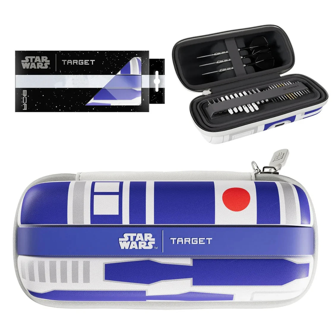 R2-D2 darts case displayed with retail packaging, top-down closed view, and open view showing organized dart storage slots.