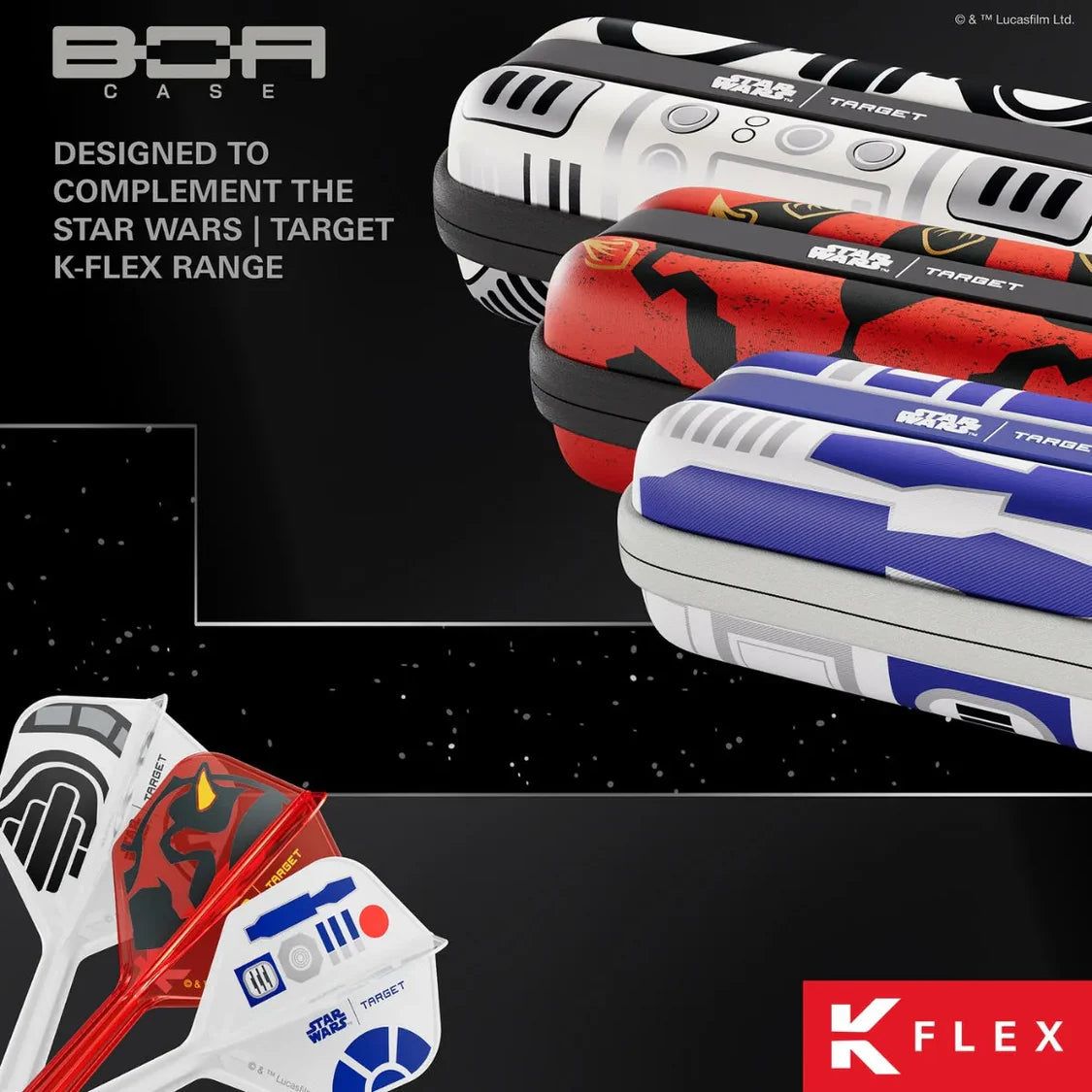 Angled shot of Star Wars dart cases in R2-D2, Darth Maul, Stormtrooper designs with matching K-Flex flights for dart storage and protection