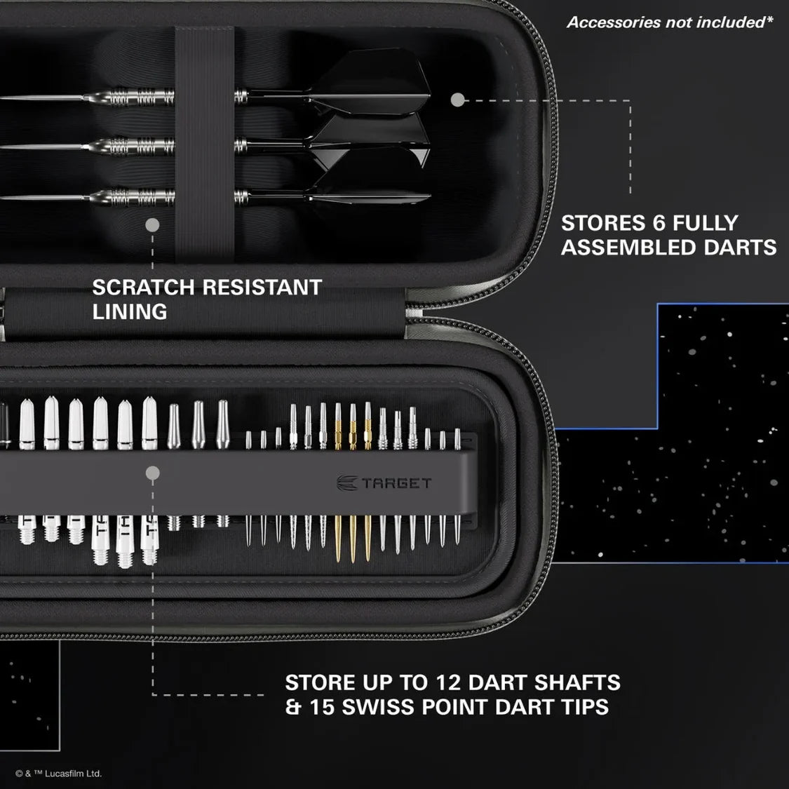 Top-down view of darts case open, showing storage for assembled darts, dart shafts, and Swiss point dart tips with labeled compartments.