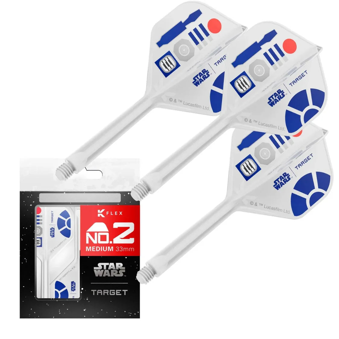 Three R2-D2 No.2 K-Flex integrated dart flights with shafts and retail packaging, angled view on white background