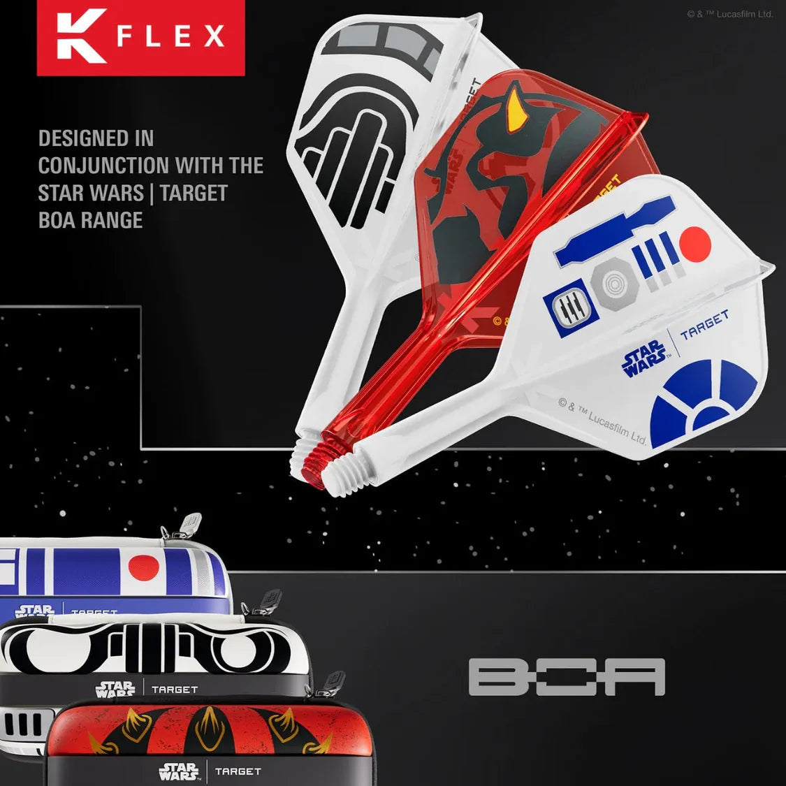 Angled view of Star Wars R2-D2, Darth Maul, and Stormtrooper dart flights with K-Flex shafts above themed dart cases